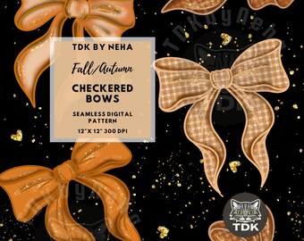 Höstrutigt kokett rosett sömlöst mönster digitalt papper för tygtryck, flicka höstginghamrutor upprepa sublimeringsdesign bakgrund