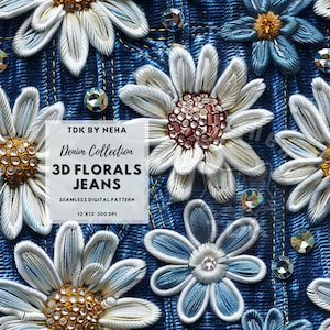 Denim Floral Seamless Faux Embroidery Digital Paper Fabric Print, 3D Jeans Texture Daisy Flower Seamless Repeat Sublimation Design Wallpaper
