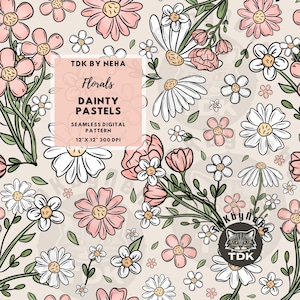 Peut inclure: Motif numérique sans couture avec un design floral. Il présente des fleurs roses, blanches et jaunes, des feuilles vertes et un fond beige. Le texte indique "Florals, Dainty Pastels, Seamless Digital Pattern, 30.5cm x 30.5cm 300 DPI".