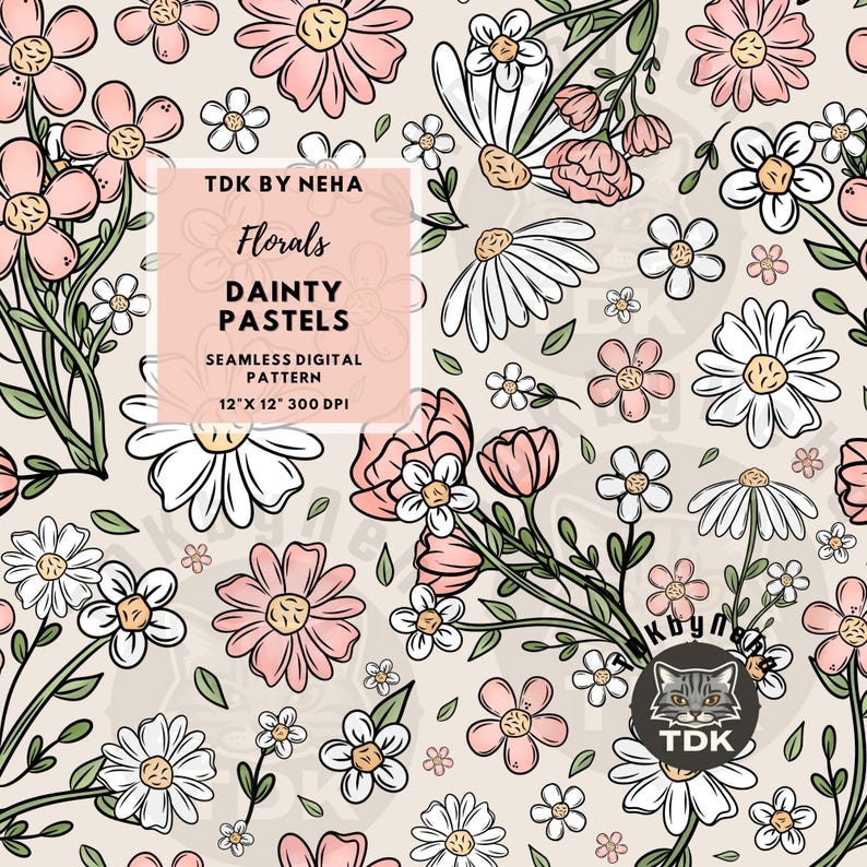 May include: A seamless digital pattern featuring a floral design with pink, white, and yellow flowers, along with green leaves, on a beige background. The text "Florals, Dainty Pastels, Seamless Digital Pattern, 12" x 12" 300 DPI" is included.