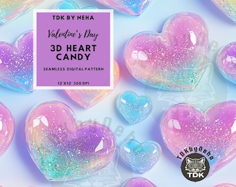 May include: A seamless digital pattern featuring 3D heart candy in shades of pink, purple, and blue. The design includes the text "Valentine's Day" and "3D Heart Candy". The pattern is 12 x 12 inches at 300 DPI.