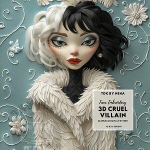 3D Cruel Villain Faux Embroidery Seamless Digital Paper Fabric Print, Evil Black n White Villain Seamless Pattern Repeat Sublimation Design