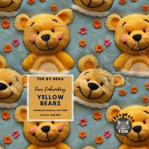 Padrão de bordado de urso de pelúcia 3D sem costura, papel digital sem costura de urso amarelo, estampa de repetição de animal bordado 3D, design de impressão com tema de floresta