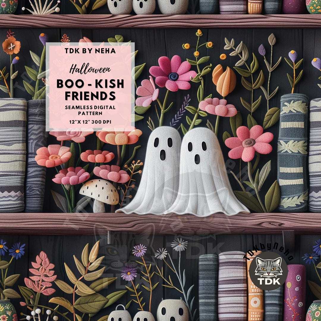 Boho Bookish Ghosts Seamless Pattern Reading Contemporary Digital Paper ...