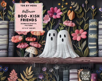 Boho Bookish Ghosts seamless pattern Reading Contemporary Digital Paper Halloween Library Bookshelf Ghost Sublimation Floral book lover file