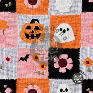 May include: A crocheted patchwork quilt with a Halloween theme. The quilt features orange, black, pink, and white squares with embroidered images of pumpkins, ghosts, bats, and flowers.
