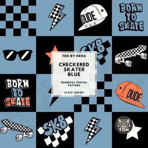 May include: A digital paper pattern featuring a checkered blue background with various skater-themed illustrations, including a skateboard, a lightning bolt, a star, a cat, and text that says "Born to Skate" and "Dude".