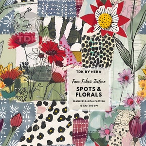 Könnte beinhalten: Ein nahtloses digitales Muster mit einer Collage aus bunten floralen und geometrischen Designs. Das Muster enthält rote, gelbe, rosa und schwarze Blumen sowie schwarze und weiße Punkte. Der Text "TDK BY NEHA Faux Fabric Texture SPOTS & FLORALS SEAMLESS DIGITAL PATTERN 12'X12' 300 DPI" ist im Design enthalten.