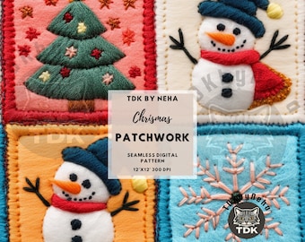 Puede incluir: Un diseño de patchwork navideño con un árbol de Navidad verde, dos muñecos de nieve y un copo de nieve. El diseño incluye el texto "Christmas Patchwork" y "Seamless Digital Pattern 12'x12' 300 DPI". Los colores son rojo, azul, naranja y blanco.