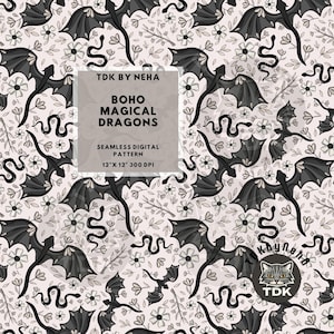 Puede incluir: Un patrón digital sin costuras con dragones y serpientes negras intercaladas con pequeñas flores sobre un fondo rosa claro. Un cuadro de texto central dice TDK BY NEHA BOHO MAGICAL DRAGONS SEAMLESS DIGITAL PATTERN 30,48 cm x 30,48 cm 300 DPI.