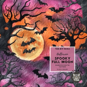 May include: A digital pattern featuring a spooky full moon with bats flying around it. The moon is orange and yellow with a dark purple and pink background. The pattern is seamless and can be used for various projects.