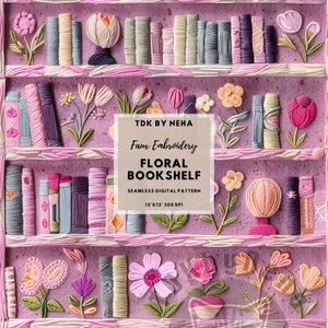 3D Pink Floral Bookshelf Faux Embroidery Seamless Digital Paper for Fabric Printing, Romantic Book Lover Seamless Repeat Sublimation Design