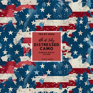 May include: Distressed American flag pattern with red, white, and blue colors. The pattern is seamless and can be used for various crafting projects.  TDK BY NEHA 4th of July DISTRESSED CAMO SEAMLESS DIGITAL PATTERN 12'X12' 300 DPI