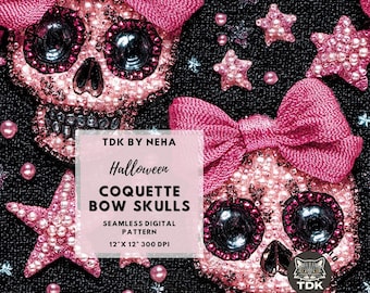 Pink Coquette Bow Skulls Seamless Digital Paper for Fabric Print, Girly Goth 3D Halloween Seamless Pattern Repeat Sublimation Tumbler Design