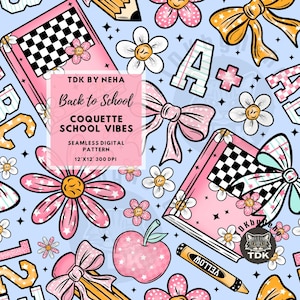Coquette Bow Book Seamless Digital Paper Fabric Printing, Floral Back to School Seamless Pattern Repeat Sublimation Design Tumbler Wallpaper