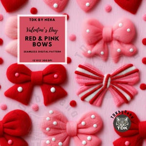 Red Pink Valentines Bow Seamless, 3D Bows Faux Embroidery Seamless, 3D Valentines Coquette Texture Digital Paper for Fabric Print Wallpaper