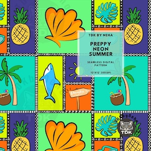 Summer Neon Patchwork Seamless Digital Paper for Fabric Print, Preppy Ocean Boys Shark Beach Seamless Repeat Sublimation Design Wallpaper