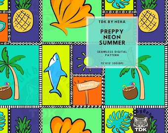 Summer Neon Patchwork Seamless Digital Paper for Fabric Print, Preppy Ocean Boys Shark Beach Seamless Repeat Sublimation Design Wallpaper
