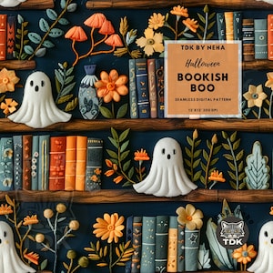 Boho Bookish Ghoul modello senza soluzione di continuità Lettura Contemporaneo Carta digitale Halloween Biblioteca Libreria Fantasma Sublimazione Floreale file per amanti dei libri