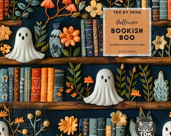 Boho Bookish Ghoul seamless pattern Reading Contemporary Digital Paper Halloween Library Bookshelf Ghost Sublimation Floral book lover file