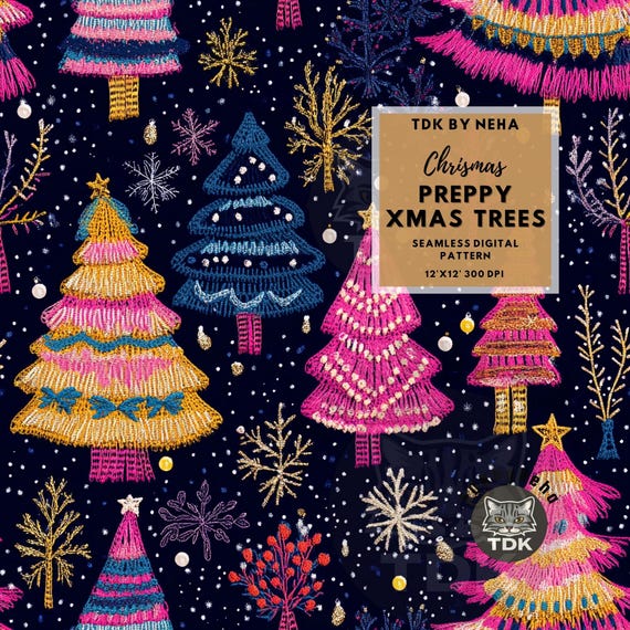 Preppy Christmas Seamless Digital Paper for Fabric Print, Colorful Xmas Pine Tree Seamless Repeat Sublimation Design Tumbler Gift Wallpaper