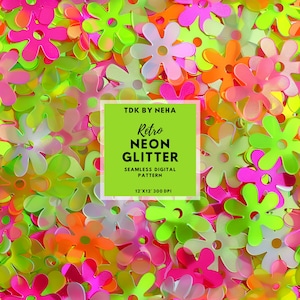 Summer Neon Floral Faux Sequin Seamless Digital Paper for Fabric Printing, Girly Retro Boho Beach Glitter Seamless Repeat Sublimation Design