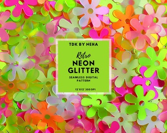 Summer Neon Floral Faux Sequin Seamless Digital Paper for Fabric Printing, Girly Retro Boho Beach Glitter Seamless Repeat Sublimation Design