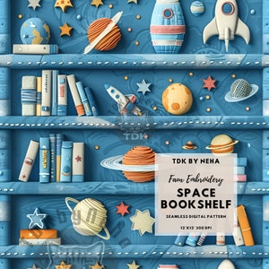 Estante de livros azul com tema espacial para meninos, padrão 3D sem costura, astronauta, planeta, ônibus espacial, papel digital, sublimação, download instantâneo, impressão repetida
