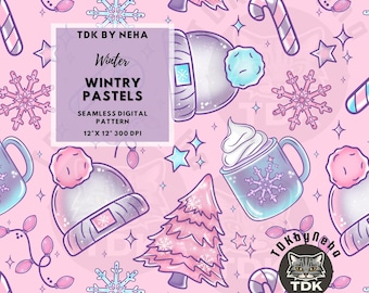 May include: Seamless digital pattern in winter pastels. The design features illustrations of winter hats, snowflakes, candy canes, Christmas trees, and mugs of hot chocolate on a pink background. The pattern is 12" x 12" at 300 DPI.
