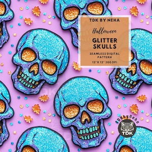 Glitter Halloween Skulls Seamless Digital Paper for Fabric Print, Spooky Scary Neon Goth Skull 3D Seamless Pattern Repeat Sublimation Design