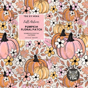 Fall Boho Floral Pumpkin Seamless Pattern Digital Paper for Fabric Printing, Autumn Girly Daisy Flowers Repeat Sublimation Design Wallpaper