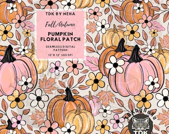 Fall Boho Floral Pumpkin Seamless Pattern Digital Paper for Fabric Printing, Autumn Girly Daisy Flowers Repeat Sublimation Design Wallpaper