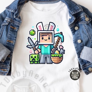 Junge Mine Ostern PNG, Videospiel Clipart Kunst, Kinder Pixel Shirt Png Mine Druck, digital druckbares Mine Shirt Sublimationsdesign / Transferpresse