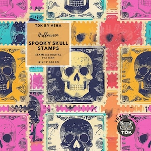 Retro Spooky Skull Stamps Seamless pattern for Fabric Print, Cute Neon Halloween Faux Stickers Seamless digital paper Sublimation Wallpaper