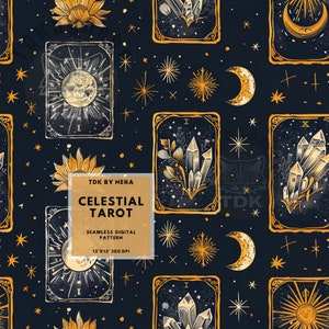 Magische himmlische Tarot-Karte Nahtloses digitales Papier für Stoff-Druck Sonne Mond Stern Herbst Nahtlos Wiederholung Sublimation Design Wallpaper Journal