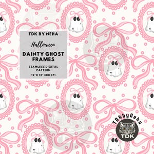 Dainty Pink Coquette Bow Ghost Frame Seamless Pattern Digital Paper Fabric Print Design, Halloween Girly Ghouls Seamless Repeat Sublimation