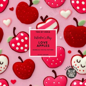 Motivo ricamato senza cuciture con mele d'amore in 3D, carta digitale senza cuciture con frutta a forma di cuore per San Valentino, stampa a sublimazione per il ritorno a scuola per la stampa su tessuto