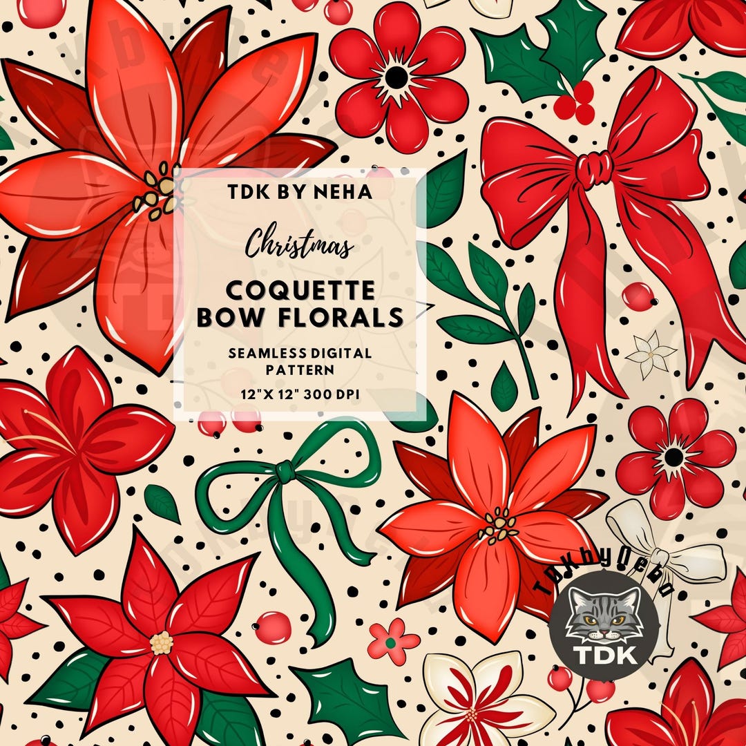 Christmas Floral Boho Coquette Bow Seamless Pattern Digital Paper for ...