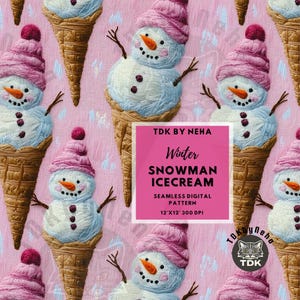 Snowman Ice Cream Embroidery Seamless Digital Paper for Fabric Print, 3D Winter Pink Christmas Seamless Sublimation File Wallpaper Gift Wrap