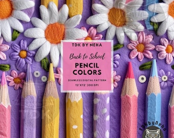 Wzór 3D Back to School Seamless Faux Embroidery Pattern do sublimacji tkanin Preppy Pencil Color Seamless Digital Paper Repeat Design Wallpaper