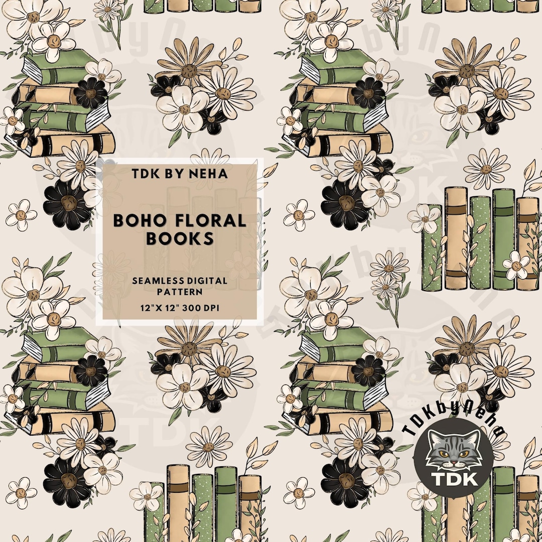 Boho Bookish Cottagecore Seamless Pattern Digital Paper for Fabric ...