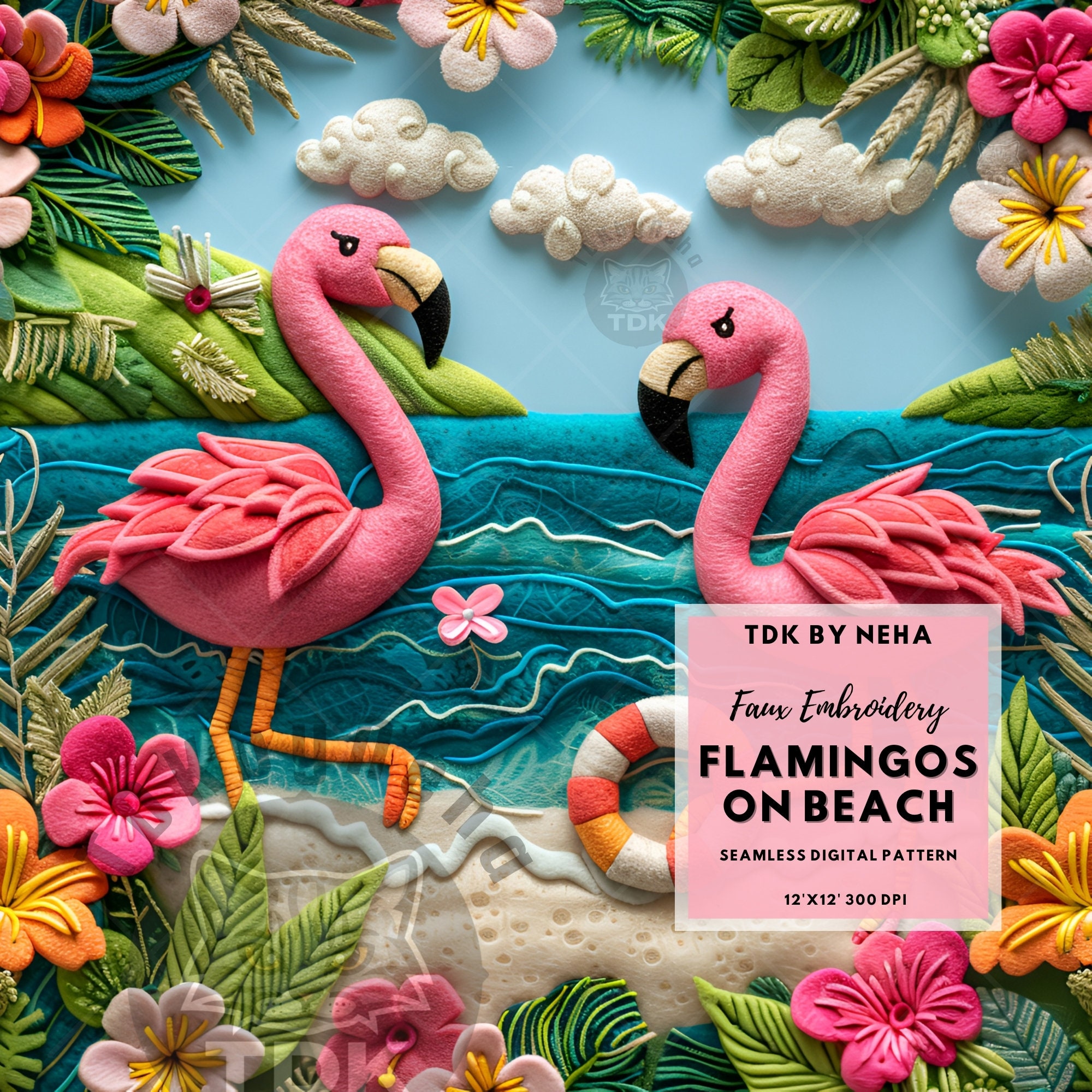 3D Summer Pastel Flamingo Faux Embroidery Seamless Digital