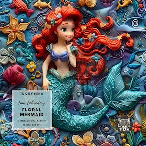 Mermaid Princess Faux Embroidery 3D Seamless Digital Paper Fabric Print, Floral Magical Princess Seamless Pattern Repeat Sublimation Design
