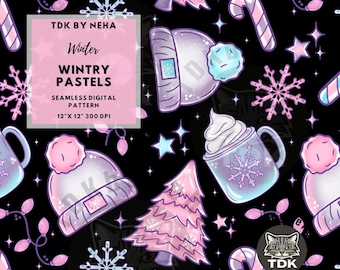 May include: Seamless digital pattern featuring winter-themed illustrations in pastel colors. The design includes pink and purple winter hats, Christmas trees, snowflakes, candy canes, and mugs on a black background. The text reads "Winter Wintry Pastels".