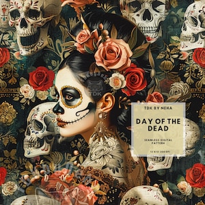 Carta digitale senza soluzione di continuità per la stampa su tessuto del Giorno dei Morti, motivo ripetuto senza soluzione di continuità con teschio e rosa Catrina, design per album di ritagli e sublimazione.