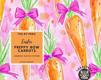 Preppy Coquette Bow Carrots Seamless File, Colorful Easter Seamless Pattern for Printing, Girly Pastel Easter Digital Paper Wallpaper
