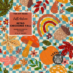 Retro Kariertes Herbst-Nahtloses Muster PNG Digitaler Papier-Stoff-Druck Herbst-Blatt Eichel-Pilz-nahtlose Wiederholung Sublimations-Design-Tapete