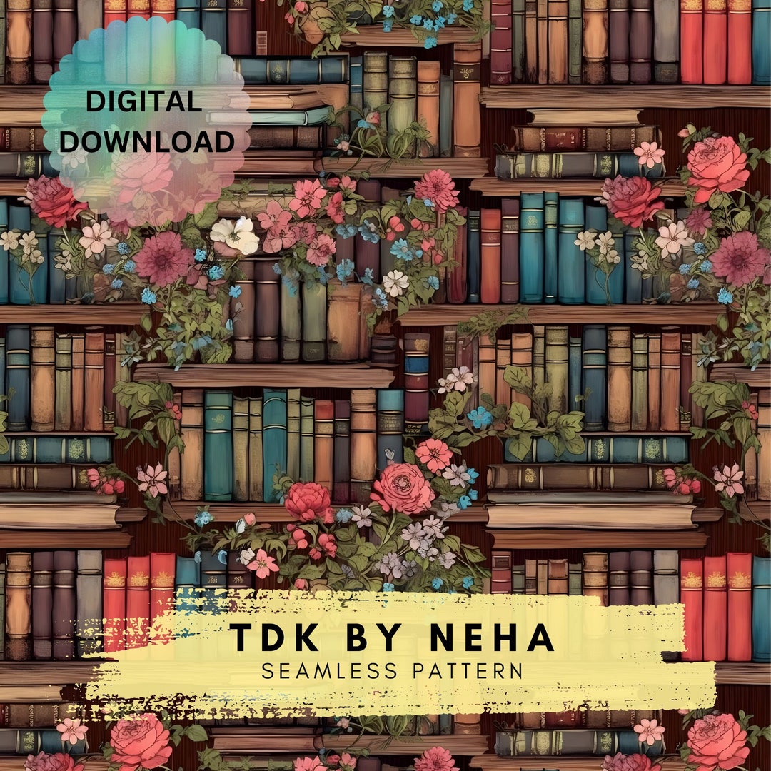 Floral Bookshelf Seamless Pattern Contemporary Unlimited Commercial Use