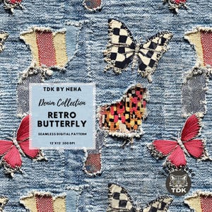 Retro Denim Butterfly Faux Embroidery Seamless Pattern Digital Paper for Fabric Print, Rip Jeans Texture Seamless Repeat Sublimation Design