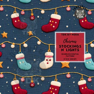 Weihnachtsstrumpf-Stickerei-nahtloser Druck, 3D-Weihnachtsschnur-Licht-nahtloses Weihnachtsdigitalpapier für Stoff-Sublimations-Geschenk-Tapete